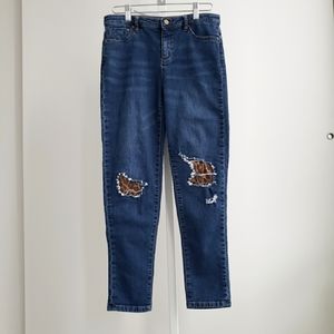 *Sold* Women Fall Mid Waist Leopard Print Distressed Denim Jeans Size 26 Blue